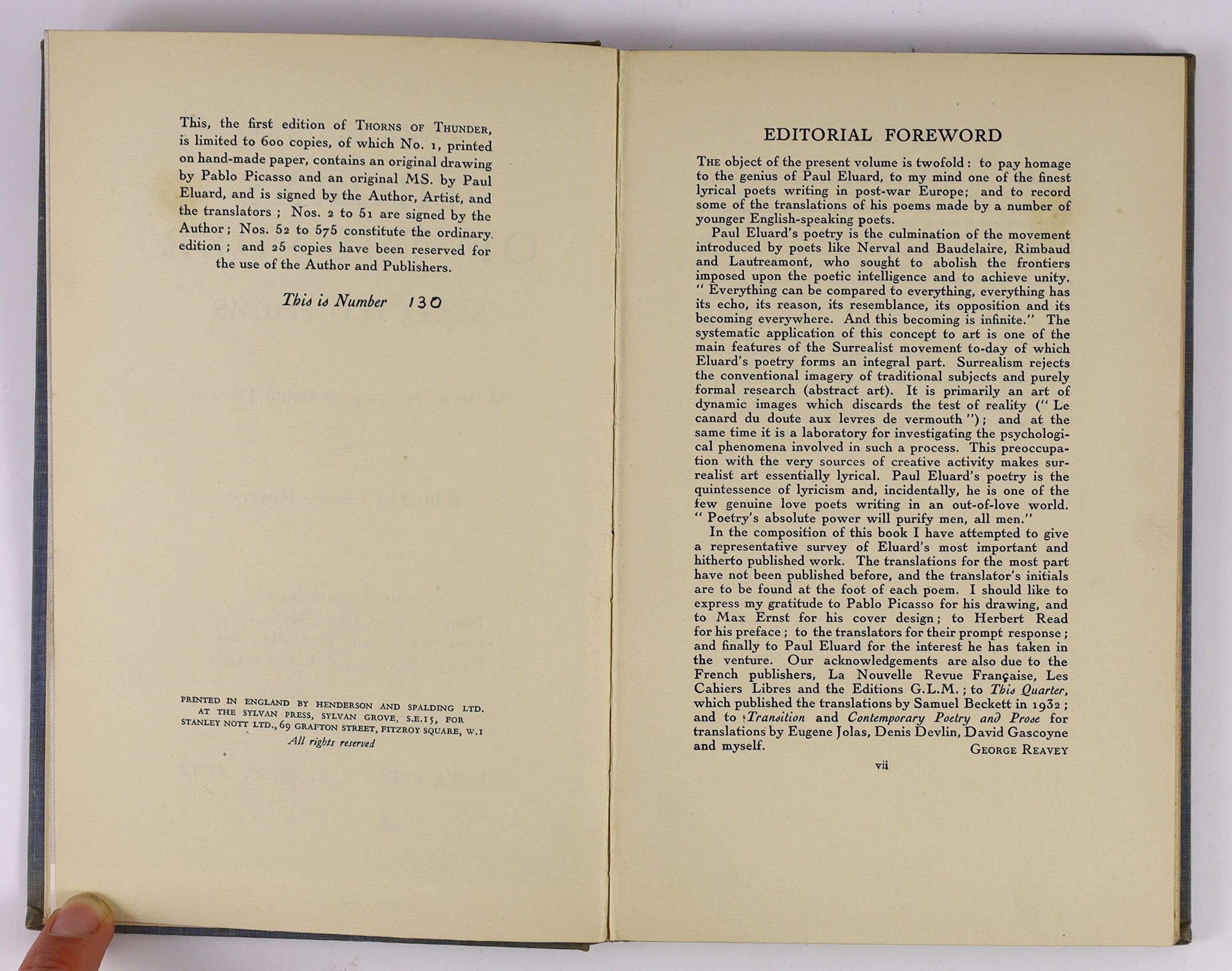 Eluard, Paul - Thorns of Thunder Selected Poems. 1st and limited ed. one of 600. With frontispiece of the author by Pablo Picasso. Cloth with letters direct on spine. With half title and limitation. 8vo. Europa Press & S